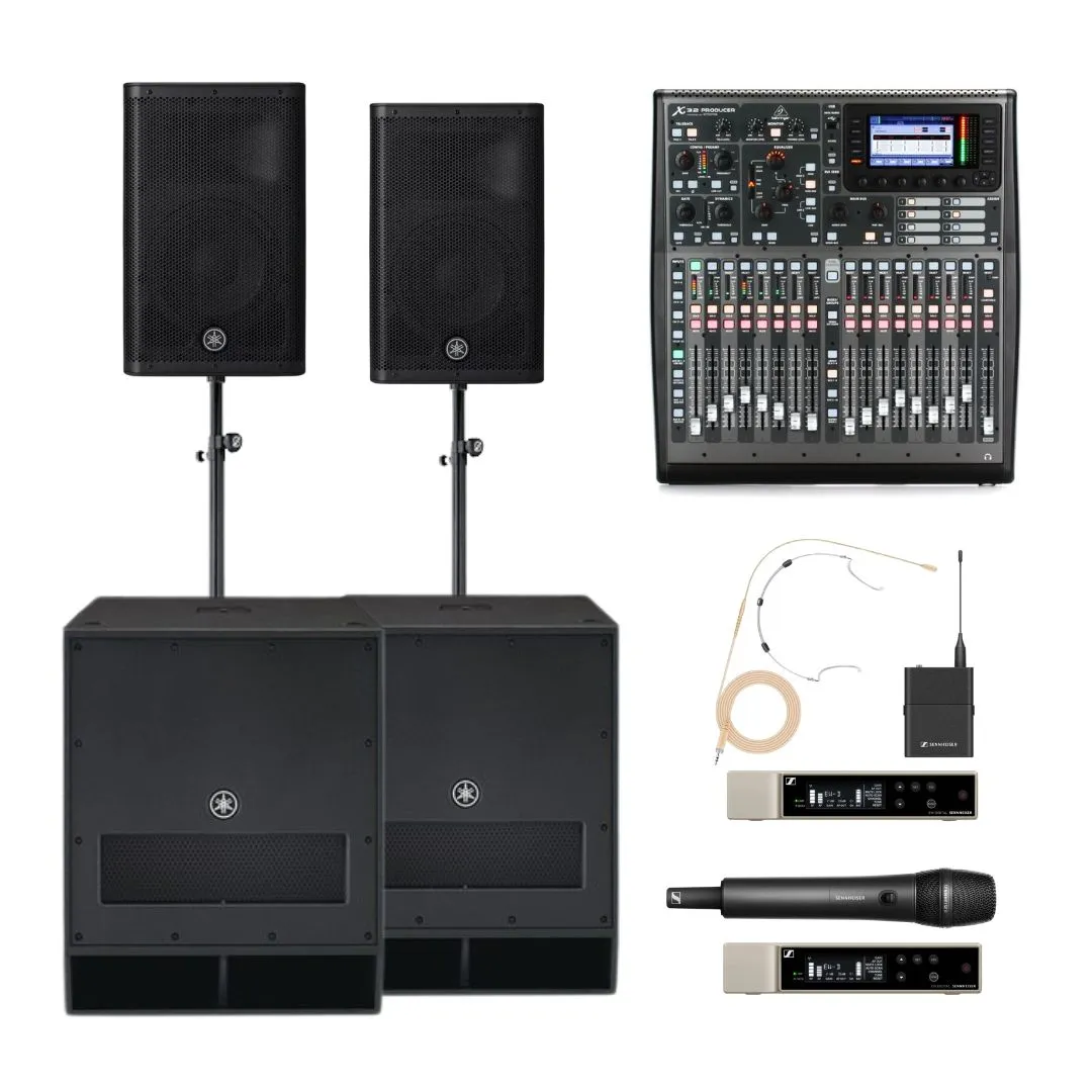 L-paketti: 2 × Yamaha DBR12 + 2 × DXS15 MKII, Digitaalimikseri, 4 × Sennheiser EW-D (käsi/headset), Kaapelit ja telineet