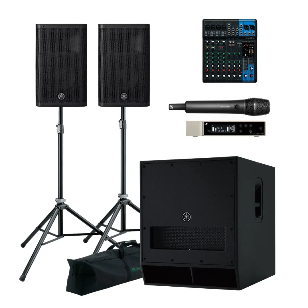 M-paketti: 2 × Yamaha DBR12 + DXS15 MKII -subi, Yamaha MG-mikseri, 2 × Sennheiser EW-D langaton, Kaapelit ja telineet