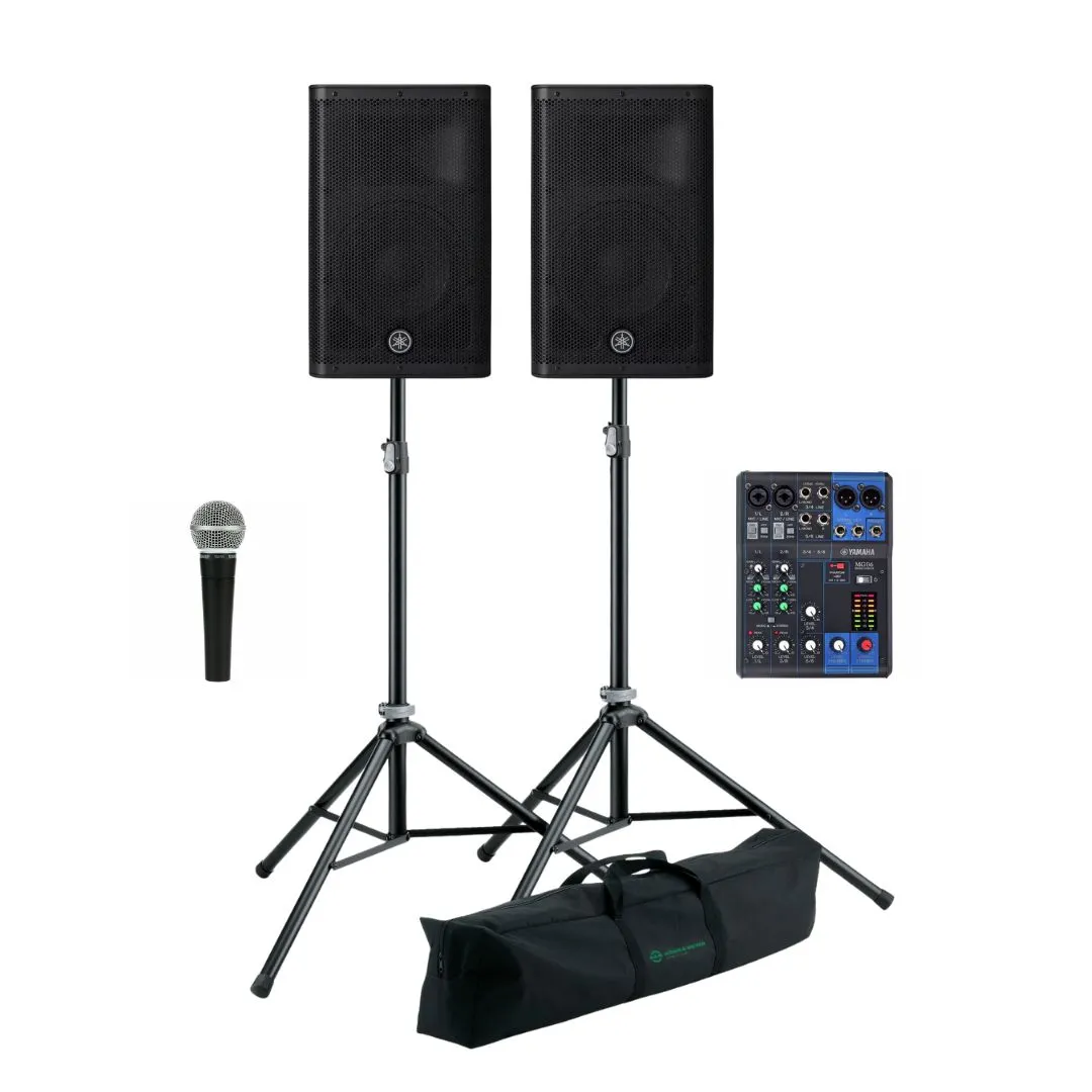 S-paketti: 2 × Yamaha DBR12 + telineet, Yamaha MG06 mikseri, Shure SM58 mikrofoni, Kaapelit (myös tietokone/iPad)